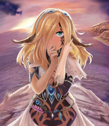 Rule 34 | 1girl, absurdres, blonde hair, blush, bodysuit, caress, celica (xenoblade x), cloud, cloudy sky, cowboy shot, damagefloor, disembodied hand, dusk, embarrassed, facial mark, gluteal fold, green eyes, hair over one eye, hairband, hand in another&#039;s hair, hand on own chest, highres, horizon, jewelry, long hair, looking at viewer, nintendo, ocean, outdoors, pointy ears, sky, solo, solo focus, sunset, xenoblade chronicles (series), xenoblade chronicles x, yuri