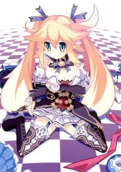 Rule 34 | 10s, 1girl, :/, artist request, attouteki yuugi mugen souls, attouteki yuugi mugen souls z, blonde hair, blue eyes, blush, boots, breasts, bridal gauntlets, cleavage, cosplay, detached collar, full body, garter straps, hair ribbon, large breasts, long hair, nanameda kei, neck ribbon, neptune (series), noire (neptunia), noire (neptunia), noire (neptunia) (cosplay), official art, panties, pantyshot, pointy ears, ribbon, shilma (mugen souls), sitting, skirt hold, solo, thigh boots, thighhighs, twintails, underwear, very long hair, wariza, white panties
