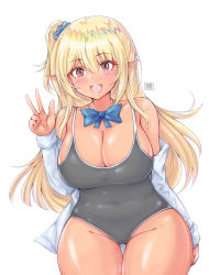 Rule 34 | absurdres, alternate hairstyle, bare shoulders, black one-piece swimsuit, blonde hair, blue bow, blue bowtie, blue scrunchie, bow, bowtie, breasts, cleavage, competition school swimsuit, covered navel, cowboy shot, curvy, dark-skinned female, dark skin, elf, groin, highres, hololive, large breasts, long sleeves, multicolored hair, one-piece swimsuit, one side up, plump, pointy ears, school swimsuit, scrunchie, shiranui flare, shirt, streaked hair, swimsuit, swimsuit under clothes, tong shui, v, virtual youtuber, white shirt, wide hips