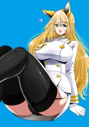 Rule 34 | animal ears, atago (azur lane), atago (azur lane) (cosplay), atago (kancolle), azur lane, black panties, black thighhighs, blonde hair, blue eyes, breasts, commentary request, cosplay, garter straps, gloves, heart, kantai collection, large breasts, long hair, name connection, open mouth, panties, perepere-kun, smile, solo, thighhighs, underwear, white gloves