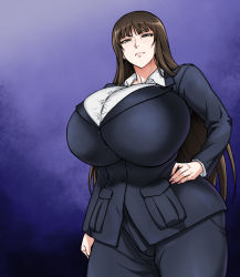 Rule 34 | 1girl, breasts, brown hair, bursting breasts, girls und panzer, hand on own hip, huge breasts, impossible clothes, long hair, mature female, nishizumi shiho, numahana, office lady, original, pants, scowl, solo