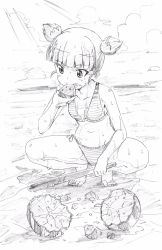 Rule 34 | 1girl, barefoot, beach, bikini, blunt bangs, breasts, cloud, cloudy sky, commentary, eating, food, fruit, girls und panzer, graphite (medium), greyscale, hair tie, highres, holding, holding food, makicha (sasurainopink), mikko (girls und panzer), monochrome, navel, outdoors, short hair, short twintails, side-tie bikini bottom, sketch, sky, small breasts, smile, solo, squatting, stick, striped bikini, striped clothes, suikawari, swimsuit, traditional media, twintails, watermelon, wet