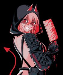 Rule 34 | 1girl, artist name, backless outfit, belt pouch, black background, black gloves, black hoodie, blood, blood on clothes, blood on face, bloody knife, bloody weapon, chainsaw man, claireiosity, cosplay, cross-shaped pupils, demon tail, dorohedoro, gloves, hair between eyes, highres, holding, holding knife, hood, hoodie, horns, horns through headwear, kitchen knife, knife, long hair, looking at viewer, nikaidou (dorohedoro), nikaidou (dorohedoro) (cosplay), pink hair, pouch, power (chainsaw man), red eyes, red horns, red tail, red theme, simple background, solo, symbol-shaped pupils, tail, weapon