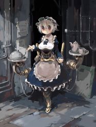 Rule 34 | 1girl, apron, ascot, breasts, brown eyes, commentary request, cup, dress, exoskeleton, frilled dress, frilled sleeves, frills, full body, hair between eyes, highres, juliet sleeves, large breasts, long sleeves, looking at viewer, maid, maid apron, maid headdress, mug, no nose, original, puffy sleeves, sakamoto ahiru, serving dome, short hair, smile, solo, standing, steampunk, teapot, tray, white hair