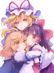 Rule 34 | 3girls, :o, :t, aged down, ahoge, azuma aya, black vest, blonde hair, bow, brown hair, commentary, frilled hair tubes, frilled sleeves, frills, hair bow, hair tubes, hakurei reimu, hand on another&#039;s shoulder, hat, highres, hug, juliet sleeves, kirisame marisa, long hair, long sleeves, looking at viewer, mob cap, multiple girls, open mouth, pout, puffy sleeves, purple hair, red hair, simple background, symbol-only commentary, touhou, upper body, vest, white background, white sleeves, wide sleeves, yakumo yukari, yellow eyes