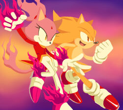 Rule 34 | 1boy, 1girl, absurdres, blaze the cat, burning, burning blaze, forehead jewel, furry, furry female, furry male, gloves, highres, jacket, open mouth, pants, pink footwear, pink fur, ponytail, red eyes, red footwear, red jacket, siggiedraws, smile, sonic (series), sonic rush, sonic the hedgehog, super sonic, white gloves, white pants, yellow eyes, yellow fur