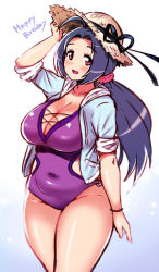 Rule 34 | 1girl, ahoge, blue hair, breasts, cleavage, female focus, hat, huge breasts, idolmaster, idolmaster (classic), long hair, miura azusa, one-piece swimsuit, open mouth, red eyes, shirt, solo, standing, swimsuit, yokkora