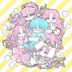 Rule 34 | 1boy, 4girls, babydoll, barefoot, bikini, blue eyes, blue footwear, blue hair, blue pants, blue shirt, braid, chibi, closed mouth, covering own mouth, cup, double bun, dress swimsuit, eye print, eyewear strap, fate/grand order, fate (series), flat color, flower, forehead tattoo, glasses, hair bun, hair flower, hair ornament, hand up, hans christian andersen (fate), hat, holding, holding baton, holding paper, holding quill, holding saucer, jewelry, long hair, long sleeves, looking at another, looking at object, multiple girls, navel, necklace, nobicco, one-piece swimsuit, open mouth, pants, paper, parted bangs, peaked cap, pearl necklace, pink babydoll, pink eyes, pink flower, pink hair, pink ribbon, pink sarong, pout, print sleeves, quill, ribbon, saucer, sessyoin kiara, sessyoin kiara (lily), sessyoin kiara (swimsuit mooncancer), sessyoin kiara (swimsuit mooncancer) (first ascension), sessyoin kiara (swimsuit mooncancer) (second ascension), sessyoin kiara (swimsuit mooncancer) (third ascension), shell, shell necklace, shirt, short hair, smile, striped background, striped clothes, striped shirt, swimsuit, symbol-shaped pupils, teacup, twin braids, two-tone background, very long hair, white background, white bikini, white one-piece swimsuit, white shirt, white veil, wide sleeves, x-shaped pupils, yellow background