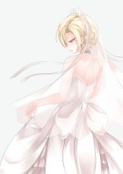 Rule 34 | absurdres, azur lane, back, backless dress, backless outfit, blonde hair, braid, bridal veil, choker, commentary, dress, from behind, highres, looking back, osatou (soul of sugar), sheffield (azur lane), skirt hold, tiara, veil, wedding dress, white dress, yellow eyes