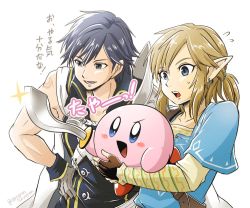 Rule 34 | 1other, 2boys, blue eyes, blue hair, cape, chrom (fire emblem), fire emblem, fire emblem awakening, gloves, kirby, kirby (series), link, long hair, male focus, multiple boys, nintendo, open mouth, sayoyonsayoyo, short hair, simple background, smile, super smash bros., sword, the legend of zelda, the legend of zelda: breath of the wild, translation request, weapon, white background
