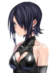 Rule 34 | &gt;:(, 10s, 1girl, alternate costume, bad id, bad twitter id, bare shoulders, black hair, blush, breasts, breath, cleavage, cleavage cutout, closed mouth, clothing cutout, frown, hair over one eye, heart cutout, kantai collection, latex, looking at viewer, medium breasts, short hair, sidelocks, skin tight, sleeveless, sleeveless turtleneck, solo, sweat, tenryuu (kancolle), turtleneck, ulrich (tagaragakuin), v-shaped eyebrows, yellow eyes