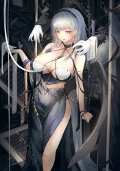 Rule 34 | 1girl, azur lane, bare shoulders, blunt bangs, blush, breasts, cleavage, collarbone, criss-cross halter, dido (anxious bisque doll) (azur lane), dido (azur lane), disembodied hand, dress, earrings, halter dress, halterneck, highres, jewelry, large breasts, long hair, looking at viewer, multiple hands, purple eyes, side slit, thighs, white hair, yusha m