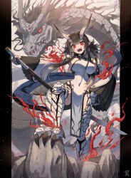 Rule 34 | 1girl, antlers, black hair, breasts, chinese zodiac, claws, commentary request, covered navel, dragon, dragon girl, dragon horns, dragon tail, eastern dragon, gradient hair, hand on own hip, highres, holding, holding sword, holding weapon, horns, impossible clothes, kuroi susumu, large breasts, looking at viewer, multicolored hair, original, pillarboxed, pointy ears, red eyes, reverse grip, scales, sharp teeth, short hair with long locks, slit pupils, sword, tail, teeth, two-tone hair, weapon, white hair, wide sleeves, year of the dragon