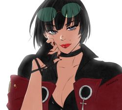 Rule 34 | 1girl, arc system works, black hair, blue eyes, breasts, choker, cleavage, fingerless gloves, glasses on head, gloves, guilty gear, guilty gear strive, highres, i-no, jacket, large breasts, lipstick, makeup, mole, mole above mouth, nail polish