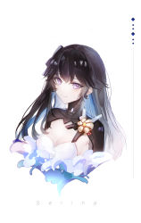 Rule 34 | 1girl, absurdres, black hair, character name, closed mouth, earrings, hair ribbon, highres, jewelry, long hair, looking at viewer, nana895, punishing: gray raven, purple eyes, ribbon, selena (punishing: gray raven), simple background, smile, solo, white background