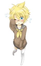 Rule 34 | 1boy, blonde hair, blue eyes, blush, crossdressing, full body, glasses, kagamine len, male focus, necktie, one eye closed, open mouth, school uniform, short hair, simple background, skirt, sleeves past wrists, solo, thighhighs, trap, vocaloid, wink