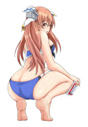Rule 34 | 1girl, ass, barefoot, beer can, bikini, blue bikini, breasts, brown eyes, budweiser, butt crack, can, drink can, from behind, hair ornament, hair ribbon, highres, johnston (kancolle), kantai collection, light brown hair, long hair, looking to the side, medium breasts, nori-vp, ribbon, simple background, solo, squatting, swimsuit, two side up, white background