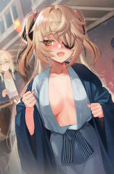Rule 34 | 2girls, black ribbon, blonde hair, blue kimono, blush, breasts, collarbone, commentary, drooling, drunk, eyelashes, eyepatch, fischl (genshin impact), foreshortening, genshin impact, green eyes, hair between eyes, hair intakes, hair ribbon, highres, japanese clothes, kimono, long hair, long sleeves, looking at viewer, lumine (genshin impact), medium breasts, multiple girls, no bra, nose blush, open clothes, open kimono, open mouth, ribbon, torriet, two side up, wide sleeves, yellow eyes, yukata