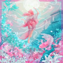 Rule 34 | 1girl, arm up, barefoot, fish, floating hair, flower, hand up, japanese clothes, kimono, leaf, long hair, long sleeves, original, pink hair, plant, print kimono, profile, solo, stairs, torii, wacca005, white flower, wide shot, wide sleeves