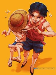 Rule 34 | 2boys, aged down, anger vein, black eyes, black hair, blue shorts, child, commentary, english commentary, freckles, from above, full body, hat, highres, instagram username, looking at another, male focus, monkey d. luffy, multiple boys, one piece, orange background, portgas d. ace, red tank top, sandals, short hair, shorts, simple background, straw hat, tank top, twitter username, vanxllavina, white tank top, yellow background