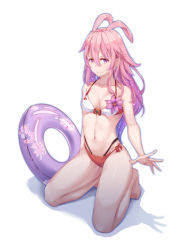 Rule 34 | 1girl, absurdres, animal ears, bare arms, bare legs, bare shoulders, barefoot, benghuai xueyuan, bikini, blue outline, breasts, clematis (flower), closed mouth, collarbone, commentary request, floral print, flower, fox ears, full body, gem, groin, hair between eyes, highres, honkai (series), innertube, kneeling, light particles, long hair, looking at viewer, medium breasts, mitsudomoe (shape), navel, outline, outstretched hand, pink hair, purple eyes, purple flower, rabbit ears, red bikini, shadow, shiny skin, side-tie bikini bottom, sidelocks, simple background, smile, solo, stomach, swim ring, swimsuit, thighs, tomoe (symbol), white background, white bikini, yae sakura, yae sakura (benghuai xueyuan), ye zi you bei jiao ju ge
