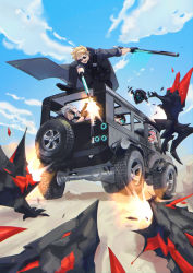 Rule 34 | 2boys, 2girls, absurdres, action, ahoge, ammunition belt, attack, belt, black coat, black footwear, black hair, black pants, blonde hair, blue sky, blurry, cloud, coat, collared coat, commentary request, counter:side, day, dirt road, drone, dual wielding, firing, floating clothes, glasses, gloves, glowing, glowing weapon, grin, gun, handgun, head-mounted display, highres, holding, holding gun, holding weapon, jake walker, jeep, kyle wong, light trail, lin leiyu0921, looking at another, maria antonov, monster, motor vehicle, multiple boys, multiple girls, muzzle flash, on vehicle, open mouth, pants, partially fingerless gloves, pink hair, road, rock, round eyewear, sanpaku, shoes, shotgun, sky, sleeves past fingers, sleeves past wrists, sleeves rolled up, smile, spare tire, spiked hair, sunglasses, sweatdrop, sylvia lena cooper, twitter username, utility belt, v-shaped eyebrows, vehicle focus, weapon, white hair, wireless earphones