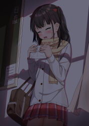 Rule 34 | 1girl, absurdres, bag, black hair, blush, cardigan, chalkboard, classroom, closed eyes, commentary, cowboy shot, crying, curtains, english commentary, hair ribbon, hands up, highres, indoors, kakakaka (pc98times), letter, long hair, long sleeves, open mouth, original, plaid, plaid skirt, pleated skirt, red skirt, ribbon, scarf, school bag, school uniform, short twintails, skirt, solo, standing, twintails