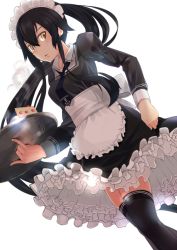 Rule 34 | 10s, 1girl, alternate costume, anchor symbol, apron, bad id, bad pixiv id, black hair, black thighhighs, cake, dutch angle, enmaided, food, fujibejifu, kantai collection, long hair, looking at viewer, maid, maid apron, maid headdress, necktie, ponytail, simple background, solo, thighhighs, tray, very long hair, white background, yahagi (kancolle), yellow eyes