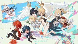 Rule 34 | 4boys, 4girls, absurdres, aether (genshin impact), anniversary, blonde hair, blue hair, braid, bug, burnt, burnt hair, butterfly, carrying, chibi, closed eyes, coat, confetti, crossed arms, dandelion seed, dark-skinned male, dark skin, detached sleeves, diluc (genshin impact), dress, eyepatch, feathered wings, flower, genshin impact, hair flower, hair ornament, halo, hat, highres, holding, holding flower, honlo, insect, jacket, jean (genshin impact), kaeya (genshin impact), klee (genshin impact), laughing, long hair, low twintails, lumine (genshin impact), multiple boys, multiple girls, one eye closed, open mouth, paimon (genshin impact), pants, parted lips, ponytail, red dress, red eyes, red flower, red hair, red headwear, short hair with long locks, shorts, single braid, single thighhigh, tears, thighhighs, twin braids, twintails, venti (genshin impact), vision (genshin impact), white flower, white hair, white legwear, white wings, windmill, wings