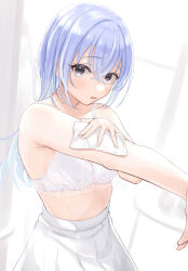 Rule 34 | 1girl, absurdres, apron, blue hair, blush, bra, highres, idolmaster, idolmaster shiny colors, indoors, kijibato 123-gou, lace, lace-trimmed bra, lace trim, long hair, looking at viewer, no shirt, pleated skirt, sideways glance, skirt, solo, stomach, suzuki hana, sweat, underwear, very long hair, white bra, white skirt, white theme, wiping sweat