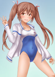 Rule 34 | 1girl, alternate costume, anti (untea9), aqua background, breasts, brown eyes, brown hair, collarbone, competition school swimsuit, covered navel, cowboy shot, dark-skinned female, dark skin, fang, gluteal fold, gradient background, hair between eyes, hair ribbon, high school fleet, highres, jacket, kantai collection, libeccio (kancolle), long hair, long sleeves, looking at viewer, one-piece swimsuit, open mouth, ribbon, school swimsuit, small breasts, solo, swimsuit, twintails, twitter username, v, white jacket