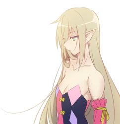 Rule 34 | 1girl, breasts, cleavage, closed mouth, collarbone, detached sleeves, from side, green eyes, hair between eyes, long hair, magilou (tales), pink sleeves, pointy ears, ribbon, silver hair, simple background, small breasts, solo, straight hair, strapless, tales of (series), tales of berseria, tusia, upper body, very long hair, white background, yellow ribbon