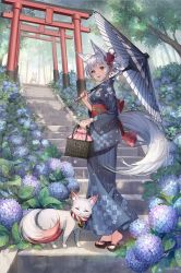 Rule 34 | 1girl, absurdres, animal ear fluff, animal ears, artist name, bell, bush, flower, fox, fox ears, fox girl, fox tail, full body, hair between eyes, highres, huge filesize, hydrangea, looking at viewer, milcona, oil-paper umbrella, open mouth, original, outdoors, sandals, solo, stairs, standing, tail, teeth, tongue, tree, watermark, white hair