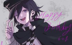 Rule 34 | 1boy, :d, black cape, black hair, black hat, cape, checkered clothes, checkered scarf, commentary request, danganronpa (series), danganronpa v3: killing harmony, dated, ebi (raruharura10), grey background, grey jacket, hand up, happy birthday, hat, highres, jacket, long sleeves, looking at viewer, male focus, oma kokichi, one eye closed, open mouth, peaked cap, scarf, signature, smile, solo, teeth, upper body, upper teeth only