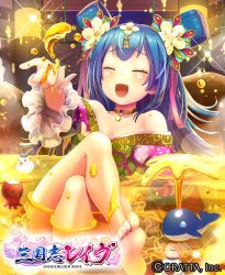 Rule 34 | 1girl, :d, ^ ^, bare shoulders, barefoot, blue hair, blush, collar, collarbone, closed eyes, feet, hair ornament, honey, japanese clothes, kimono, crossed legs, long hair, open mouth, oratta ad account, smile, soles, solo, toes
