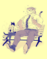 Rule 34 | 2boys, animal ears, belt, bench, black footwear, black fur, black necktie, black pants, body fur, boned meat, brown footwear, brown necktie, brown pants, cat boy, cat ears, cat tail, cigarette, closed mouth, collared shirt, crossed legs, eating, closed eyes, flower (symbol), food, full body, furry, furry male, hand up, height difference, highres, holding, holding cigarette, holding food, holding ice cream, ice cream, licking lips, male focus, mamemo (daifuku mame), meat, multiple boys, necktie, orange fur, original, pants, sepia, shirt, sitting, smoke, smoking, socks, solo, tail, tiger boy, tiger ears, tiger tail, tongue, tongue out, watch, white fur, wristwatch, yellow background