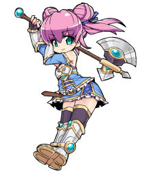 Rule 34 | &gt;:), 1girl, armored boots, axe, battle axe, black gloves, blue eyes, boots, dorothy (sennen sensou aigis), double bun, fingerless gloves, full body, gloves, looking at viewer, nemui (nemui), pink hair, sennen sensou aigis, short twintails, simple background, solo, thighhighs, twintails, vambraces, weapon, white background, zettai ryouiki