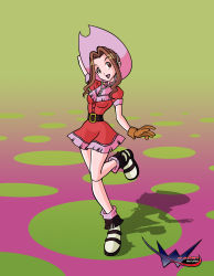 Rule 34 | 1girl, absurdres, belt, boots, breasts, brown gloves, brown hair, cowboy boots, cowboy hat, cowboy western, digimon, digimon adventure, dress, gloves, hat, highres, leg up, legs, long hair, looking at viewer, miniskirt, orange eyes, shadow, short dress, skirt, solo, standing, standing on one leg, tachikawa mimi, vector trace, wslasher