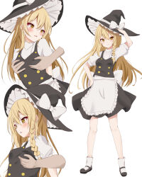 Rule 34 | 1girl, 1other, apron, atory, black headwear, black skirt, blonde hair, blush, bow, braid, breasts, frilled hat, frills, grabbing, grabbing another&#039;s breast, hat, hat bow, highres, kirisame marisa, long hair, multiple views, side braid, simple background, single braid, skirt, small breasts, solo focus, touhou, waist apron, white apron, white background, white bow, witch hat, yellow eyes