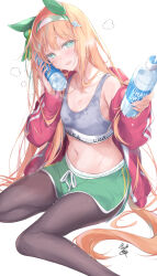 Rule 34 | 1girl, animal ears, bare shoulders, black pantyhose, bottle, collarbone, green eyes, green shorts, hairband, highres, holding, holding bottle, horse ears, horse girl, horse tail, jacket, long hair, long sleeves, looking at viewer, navel, open clothes, open jacket, open mouth, pantyhose, pulp piroshi, red jacket, shorts, signature, silence suzuka (umamusume), simple background, sitting, sleeveless, smile, solo, sparkle hair ornament, stomach, sweat, sweatdrop, tail, umamusume, water bottle, white background, white hairband