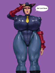 Rule 34 | 1girl, arm guards, biker clothes, bikesuit, black hair, black nails, bodysuit, breasts, bursting breasts, cameltoe, capcom, covered erect nipples, drill hair, english text, eyeshadow, fingerless gloves, garrison cap, gloves, gluteal fold, hair ornament, hair rings, han juri, hat, high collar, highleg, highleg leotard, huge breasts, impossible bodysuit, impossible clothes, lactation, lactation through clothes, large breasts, leotard, lipstick, looking at viewer, makeup, nail polish, purple bodysuit, purple eyes, rampage (leedash2), salute, shadaloo dolls, shiny clothes, short hair, sidelocks, skin tight, solo, street fighter, street fighter v, teeth, thick thighs, thighs, turtleneck, twin drills, wrist wrap