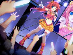 Rule 34 | 1girl, ;d, audience, bad id, bad pixiv id, blue eyes, boots, crowd, frilled skirt, frilled thighhighs, frills, gloves, glowstick, hair ornament, highres, idol, long hair, microphone, microphone stand, midriff, miniskirt, music, navel, one eye closed, open mouth, original, pink footwear, red hair, singing, skirt, smile, solo focus, stage, standing, star (symbol), star hair ornament, thighhighs, vioka, white gloves, wink