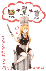 Rule 34 | 2girls, animal ears, apron, arrow (symbol), bell pepper, black skirt, black vest, blonde hair, blouse, blush, bow, braid, breasts, carrot, chef hat, closed eyes, commentary request, cookie (touhou), cooking pot, eggplant, english text, food, frilled apron, frills, full body, grey hair, haiperion buzan, hair bow, hat, heart, holding, holding knife, implied cannibalism, kirisame marisa, knife, lettuce, long sleeves, looking at viewer, medium breasts, mouse ears, mouse girl, multiple girls, nazrin, nyon (cookie), onion, open mouth, pepper, puffy short sleeves, puffy sleeves, red bow, red eyes, shirt, short hair, short sleeves, side braid, single braid, sitting, skirt, smile, star (symbol), suzu (cookie), tomato, touhou, vest, waist apron, white apron, white background, white shirt