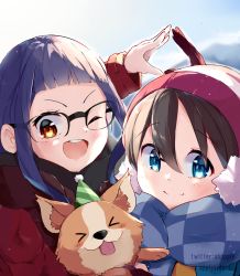Rule 34 | &gt; &lt;, 2girls, animal, blue eyes, brown hair, chihuahua, chikuwa (yurucamp), commentary, dog, glasses, hat, highres, instagram username, jacket, multiple girls, one eye closed, oogaki chiaki, open mouth, orange eyes, party hat, purple hair, ringosutta, saitou ena, scarf, tongue, tongue out, twitter username, winter clothes, yurucamp