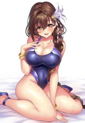 Rule 34 | 1girl, bad id, bad pixiv id, bangle, blue footwear, blush, bracelet, braid, breasts, brown eyes, brown hair, cleavage, collarbone, competition swimsuit, covered navel, eyebrows, flower, hair between eyes, hair flower, hair ornament, highleg, highleg swimsuit, highres, jewelry, kanpani girls, large breasts, long hair, looking at viewer, mole, mole under eye, one-piece swimsuit, open mouth, senri gan, shirayuri sakura, shoes, side braid, simple background, sitting, smile, solo, swimsuit, very long hair, wariza, wet