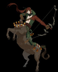 Rule 34 | 1boy, abs, arm strap, arrow (projectile), belt, black background, black scarf, bow (weapon), brown belt, brown gloves, brown hair, centaur, chest belt, collarbone, commentary, detached sleeves, earrings, elbow gloves, feather earrings, feathers, floating hair, full body, gloves, green eyes, green hairband, green jacket, hairband, highres, holding, holding bow (weapon), holding weapon, horse tail, jacket, jewelry, long hair, long sleeves, looking to the side, male focus, monster boy, multiple legs, open clothes, open shirt, original, parted bangs, parted lips, quiver, rearing, scarf, side ponytail, simple background, solo, standing, tail, tassel, taur, udakyo, weapon