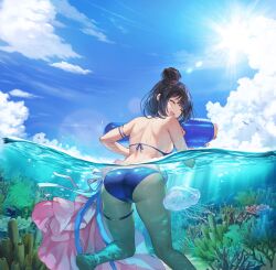 Rule 34 | 1girl, absurdres, anklet, artist request, ass, backboob, bikini, bird, black hair, blue bikini, breasts, brown dust 2, closed eyes, cloud, cloudy sky, coral, eyebrows hidden by hair, feet out of frame, from behind, game cg, hair between eyes, hair bun, highres, holding, holding water gun, in water, jellyfish, jewelry, large breasts, lens flare, looking back, ocean, official art, scheherazade (brown dust), scheherazade (pool party) (brown dust), short hair, single hair bun, sky, smile, solo, swimming, swimsuit, thigh strap, third-party source, water gun, wet