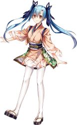 Rule 34 | 1girl, blue hair, full body, hair ribbon, japanese clothes, long hair, official art, oshiro project:re, oshiro project:re, ribbon, saijou haruki, smile, thighhighs, transparent background, tsuyama (oshiro project), twintails, white thighhighs, yellow eyes