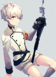 Rule 34 | 1boy, arknights, armband, aruke0, bishounen, coat, cowboy shot, from side, gloves, green eyes, highres, looking at viewer, male focus, mephisto (arknights), short hair, shorts, smile, socks, solo, thighs, weapon, white coat, white hair