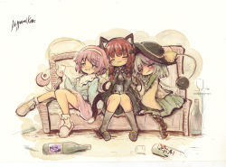 Rule 34 | 3girls, :3, = =, animal ears, black bow, black dress, black headwear, blouse, blush, bobby socks, boots, bottle, bow, braid, cat ears, cat tail, closed eyes, commentary request, couch, cup, dress, drinking glass, drunk, eyeball, frilled shirt collar, frilled sleeves, frills, full body, green hair, green skirt, hair bow, hat, hat bow, hat ribbon, kaenbyou rin, knees together feet apart, komeiji koishi, komeiji satori, kouba, long hair, long sleeves, multiple girls, multiple tails, nekomata, nervous smile, pink hair, pink skirt, red hair, ribbon, sake bottle, shirt, short hair, siblings, sidelocks, signature, simple background, sisters, skirt, slippers, smile, socks, sweatdrop, table, tail, third eye, touhou, twin braids, two side up, two tails, white background, white legwear, wide sleeves, wine bottle, wine glass, yellow bow, yellow ribbon, yellow shirt